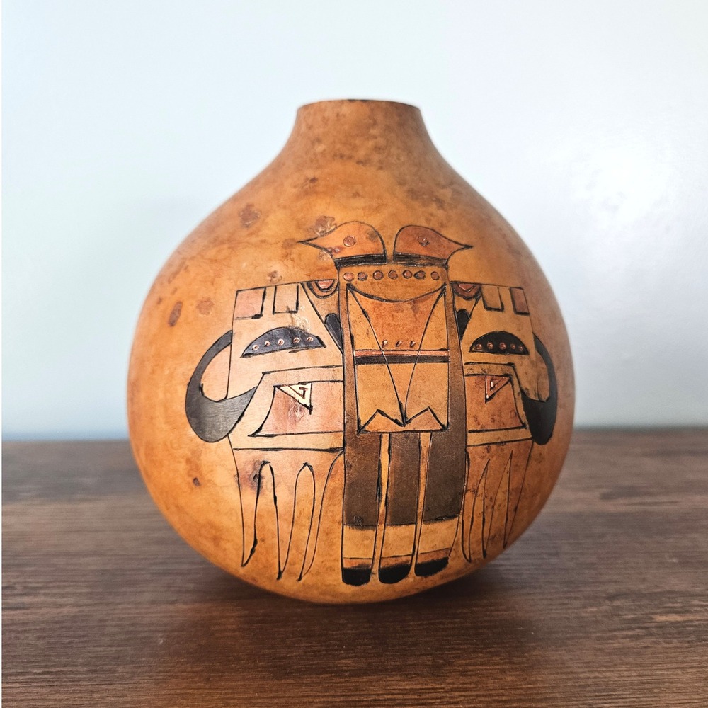 Vintage Kathleen Hopi Signed Hand Painted Gourd Art Vessel Native Bird Southwest
